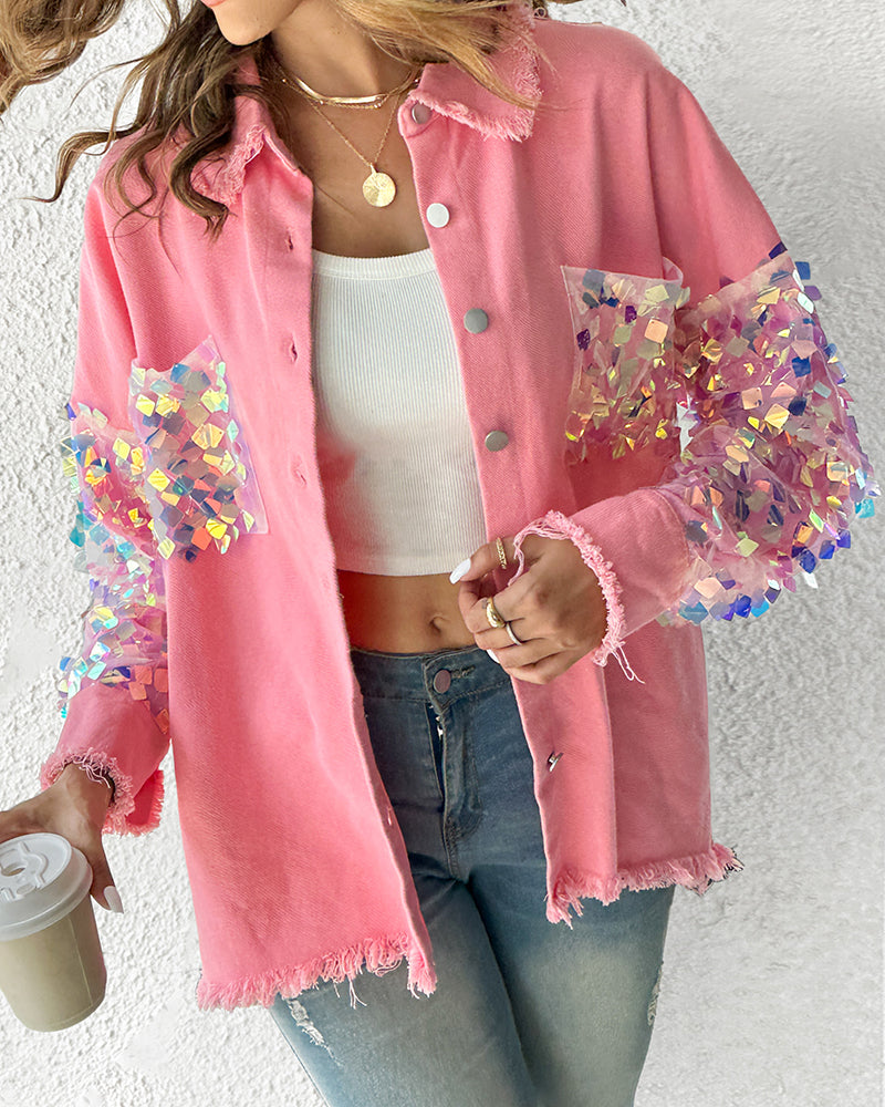 Contrast Sequin Long Sleeve Jacket Top Button Front Raw Hem Loose Fit Shacket - Image 8