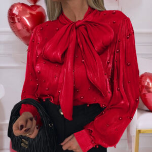 Tie Neck Beaded Long Sleeve Tied Detail Blouses Casual Shirts