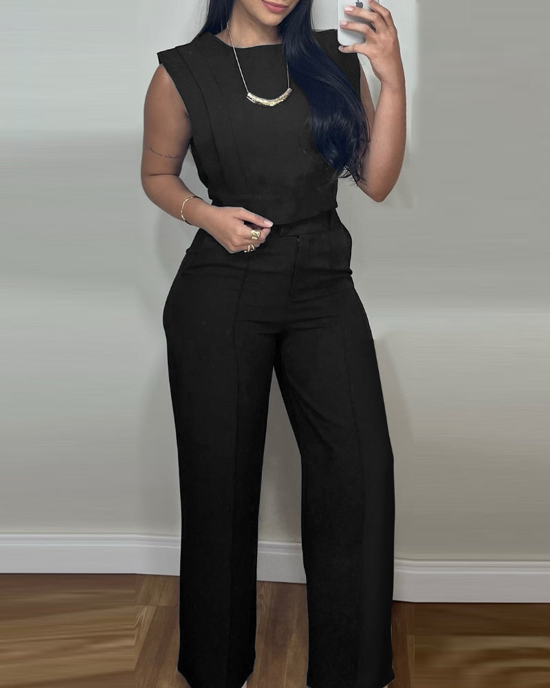 2 Pieces Outfit 3D Cutting Decor Design Cap Sleeve Hollow-out Back Crop Top and Casual Zipper Fly Seam Front Straight Pants Set - Image 4