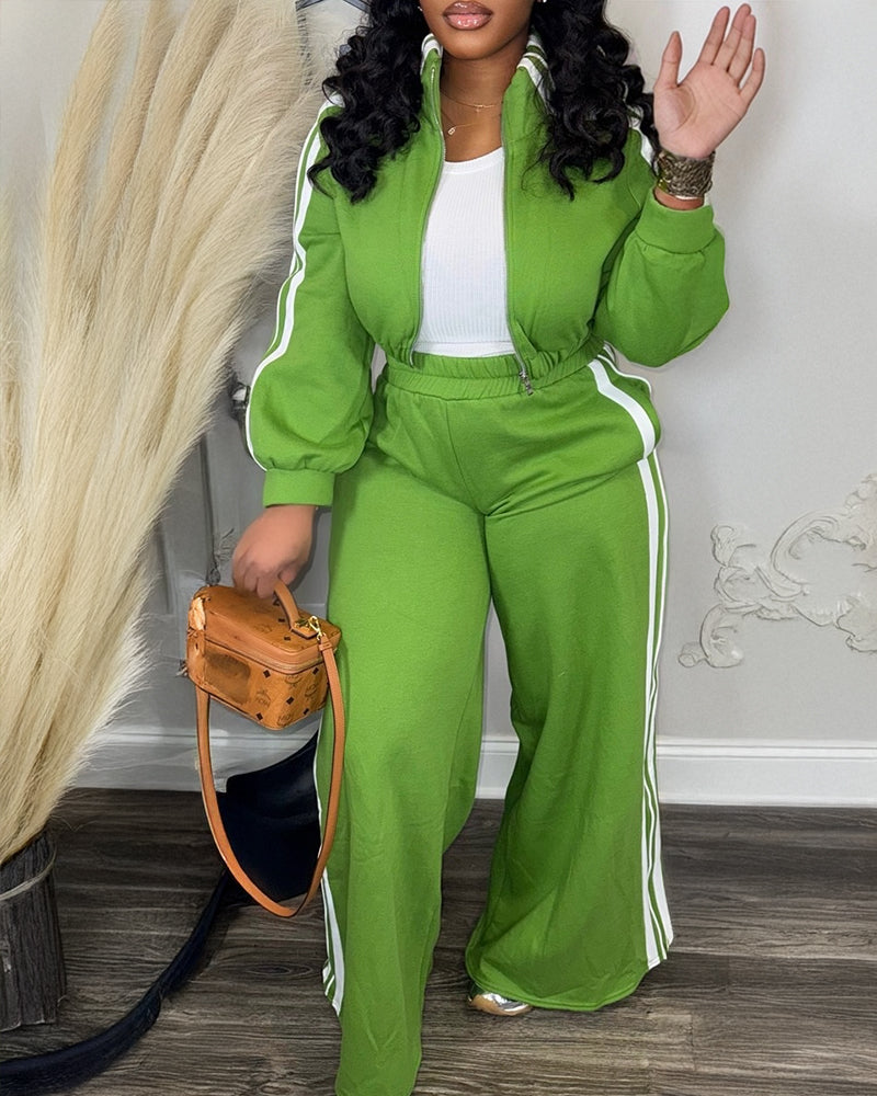 2 Pieces Outfit Stand Collar Zip Up Stretchy Hem Crop Coat and Elastic Waist Wide Leg Pants Set Casual Contrast Side Striped Set - Image 11
