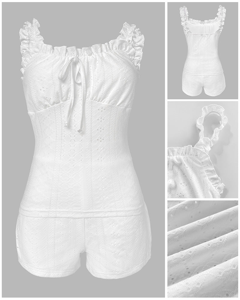 2 Pieces Outfit Square Neck Frill Straps Tied Detail Cami Top and Elastic Waist Shorts Set Slim Fit Hollow-out Jacquard Textured Knit Pajamas Set - Image 6