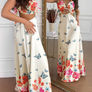 Women's Floral Butterfly Print Maxi Dress Backless Cutout Cami Sundress Ruched Tied Detail Flowy Vacation Dress