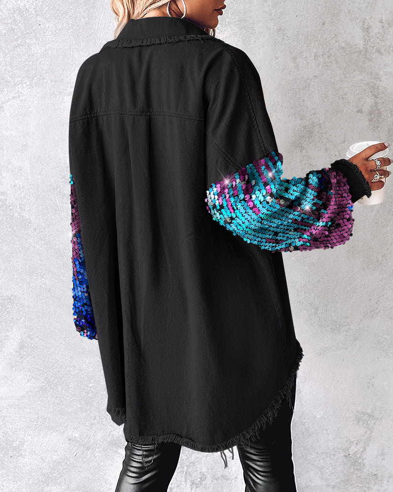 Colorblock Sequin Patchwork Long Sleeve Jacket Top Button Front Raw Hem Shacket - Image 2