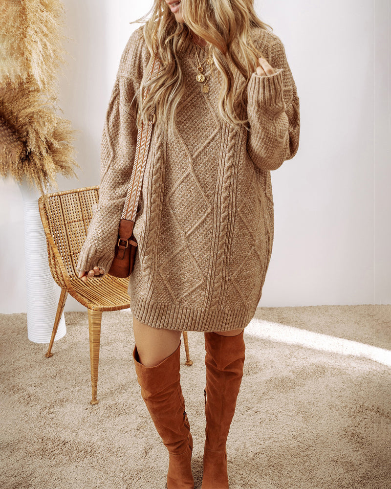 Round Neck Long Sleeve Drop Shoulder Pullover Sweater Casual Loose Fit Cable Knit Mid Length Sweater - Image 3