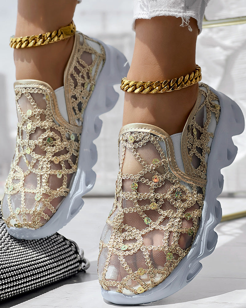 Contrast Sequin Sheer Mesh Patch Breathable Sneakers - Image 6