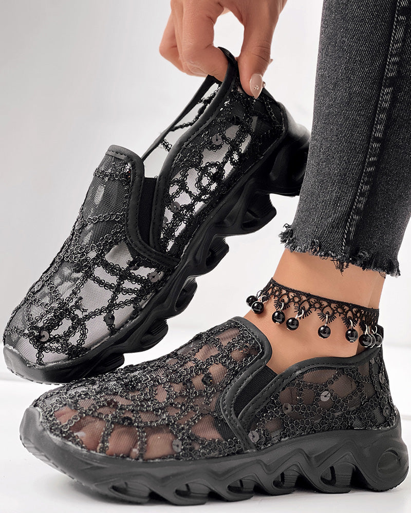 Contrast Sequin Sheer Mesh Patch Breathable Sneakers - Image 22