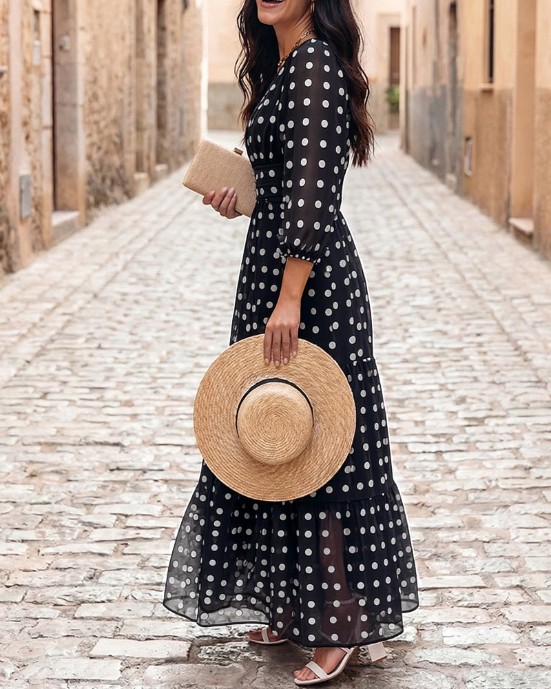 Women's Polka Dot Maxi Dress V Neck Lantern Sleeve Ruffle Hem Dress High Waist Button Up Chiffon Long Party Dress - Image 5