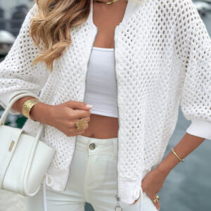 Women's Hollow Out Half Sleeve Knit Coat Baseball Collar Zipper Up Drawstring Hem Crop Jacket
