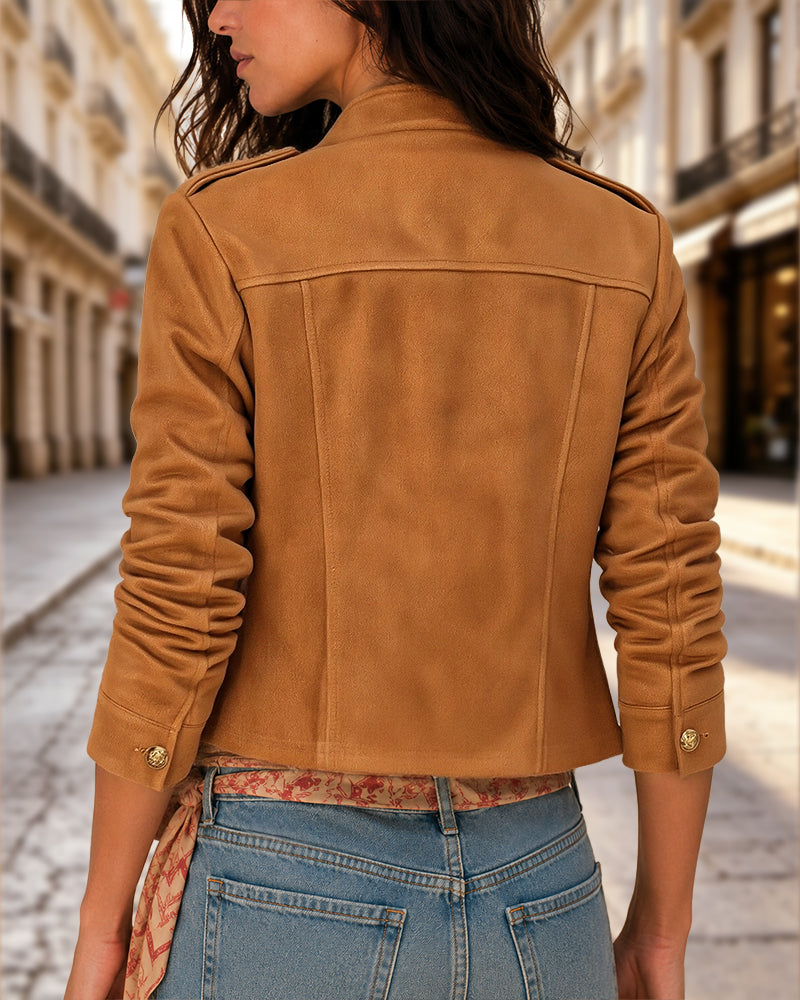 Women's Suede Crop Bomber Jacket Casual Stand Collar Double Breasted Gold Button Coat - Image 2