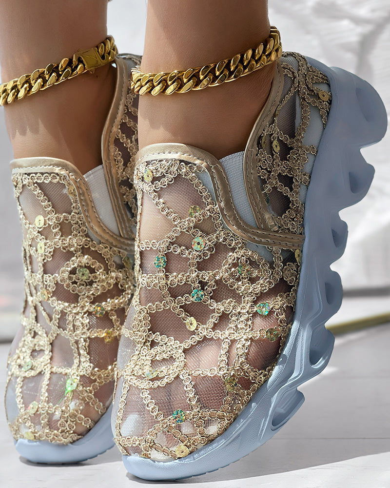 Contrast Sequin Sheer Mesh Patch Breathable Sneakers - Image 8