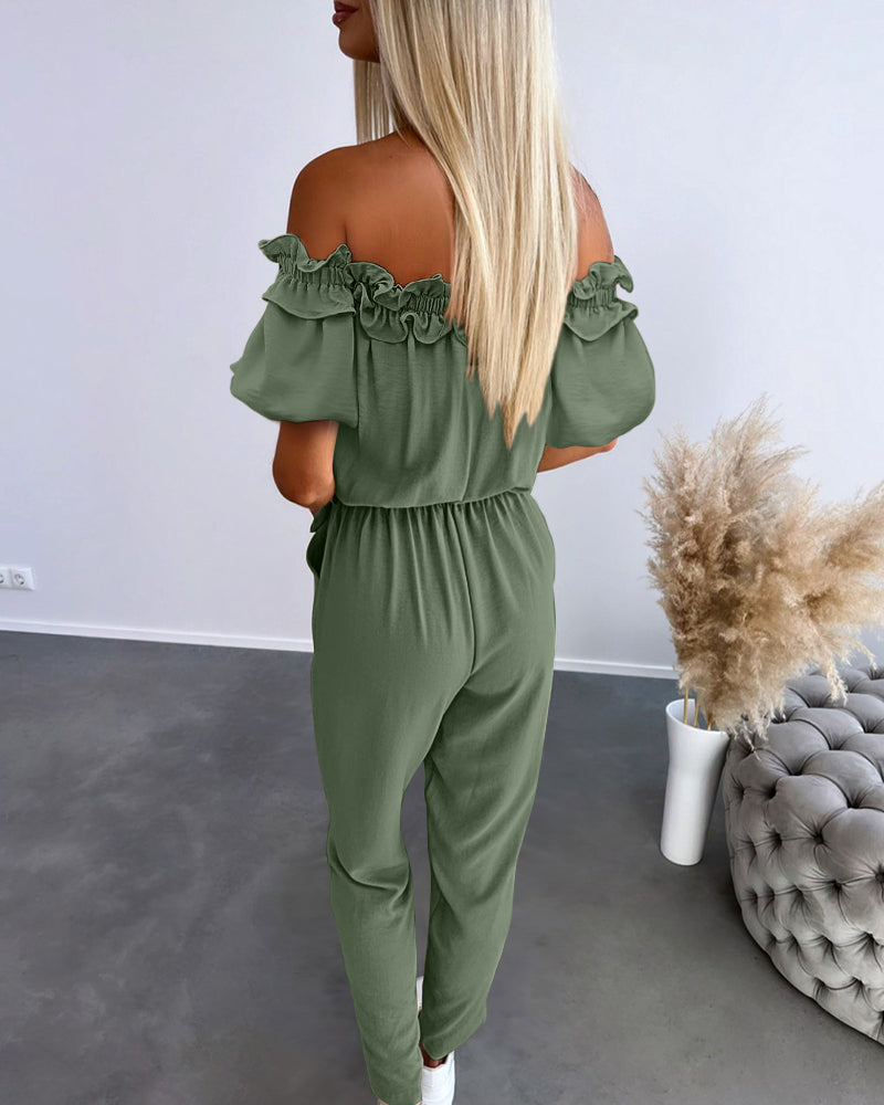Frill Trim Off Shoulder Short Sleeve Tie Waist Overalls Casual Textured Jumpsuit - Image 17