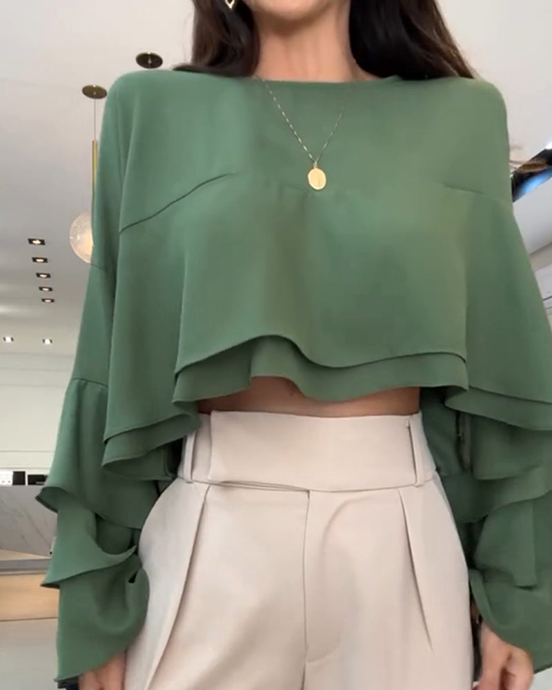 Round Neck Bell Sleeve Crop Top Casual Loose Fit Layered Blouse - Image 13