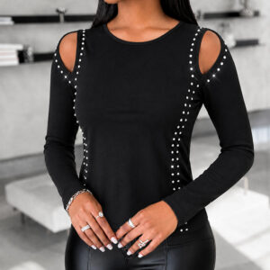 Women's Long Sleeve Top Sparkly Rhinestone Cutout Tee Slim Fit Round Neck T-Shirt