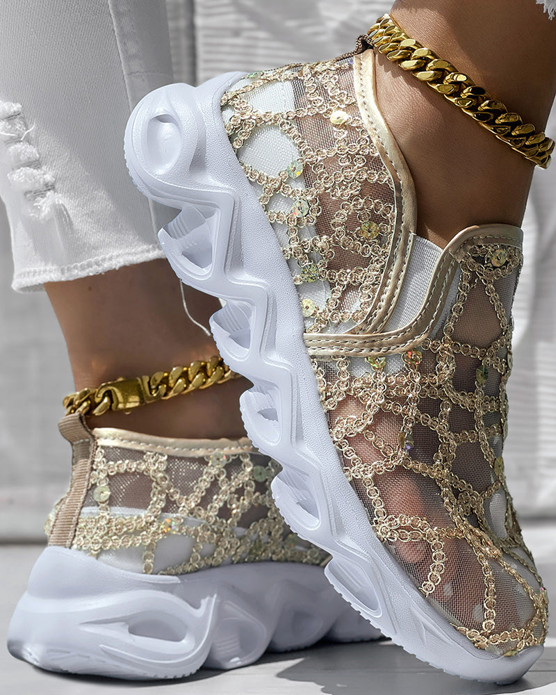 Contrast Sequin Sheer Mesh Patch Breathable Sneakers - Image 4