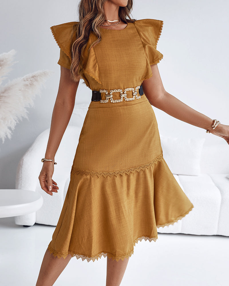 Butterfly Sleeve Hollow-out Back Shirred Dress Casual Cinched Waist Lace Trim Ruffle Hem Commuting Dress - Image 3
