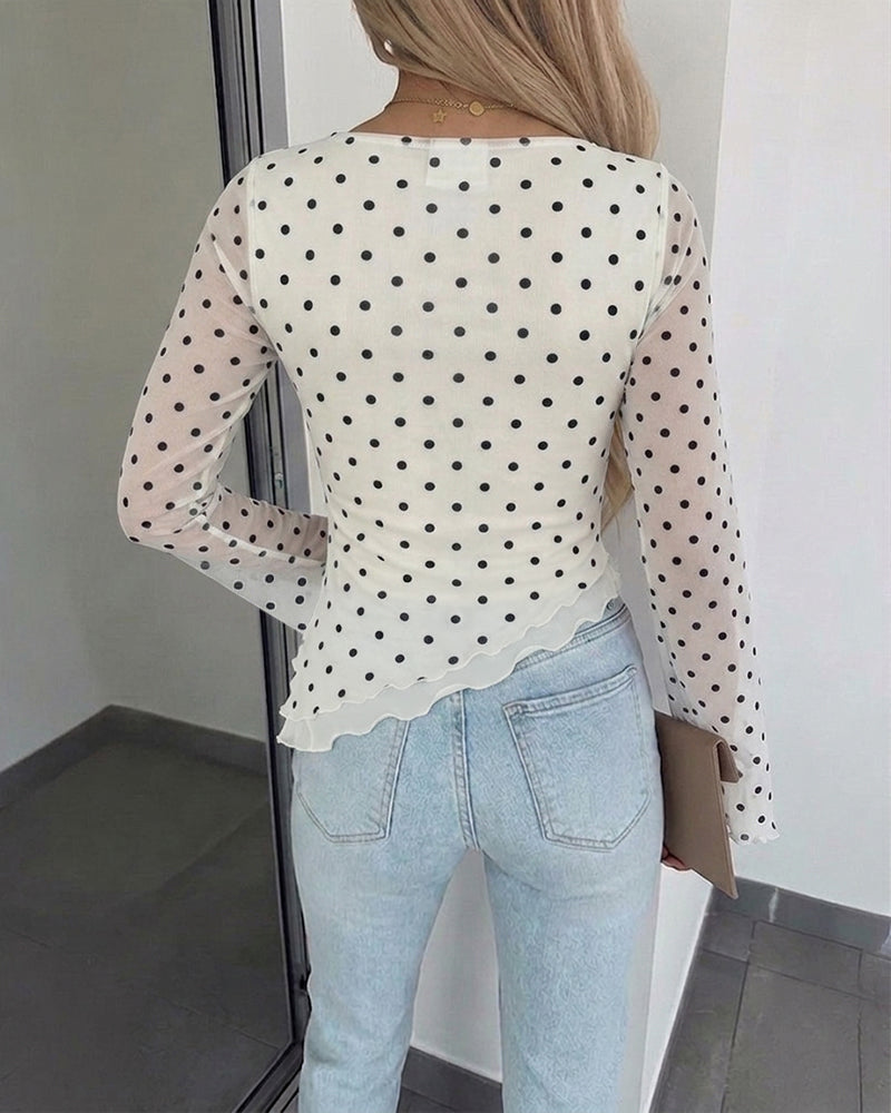 Women's Polka Dot Mesh Top Flare Long Sleeve Boat Neck Lined Asymmetric Frill Hem Blouse Vintage Party Shirt - Image 3