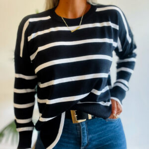 Women's Striped Drop Shoulder Sweater Casual Crewneck Long Sleeve Pullover