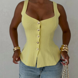 Women's Square Neck Knit Tank Top Gold Button Cinch Waist Peplum Vest