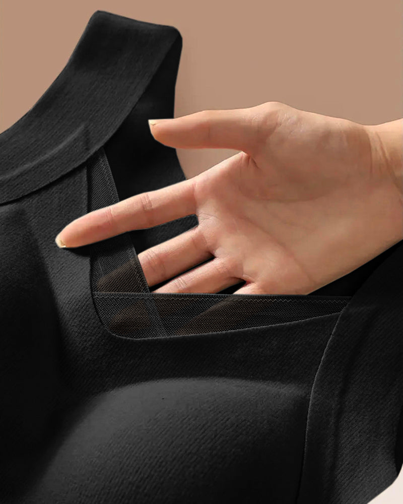 Sheer Mesh Spliced V Neck Sleeveless Built In Bra Tank Casual Warm Fleece Lined Slim Fit Top - Image 24