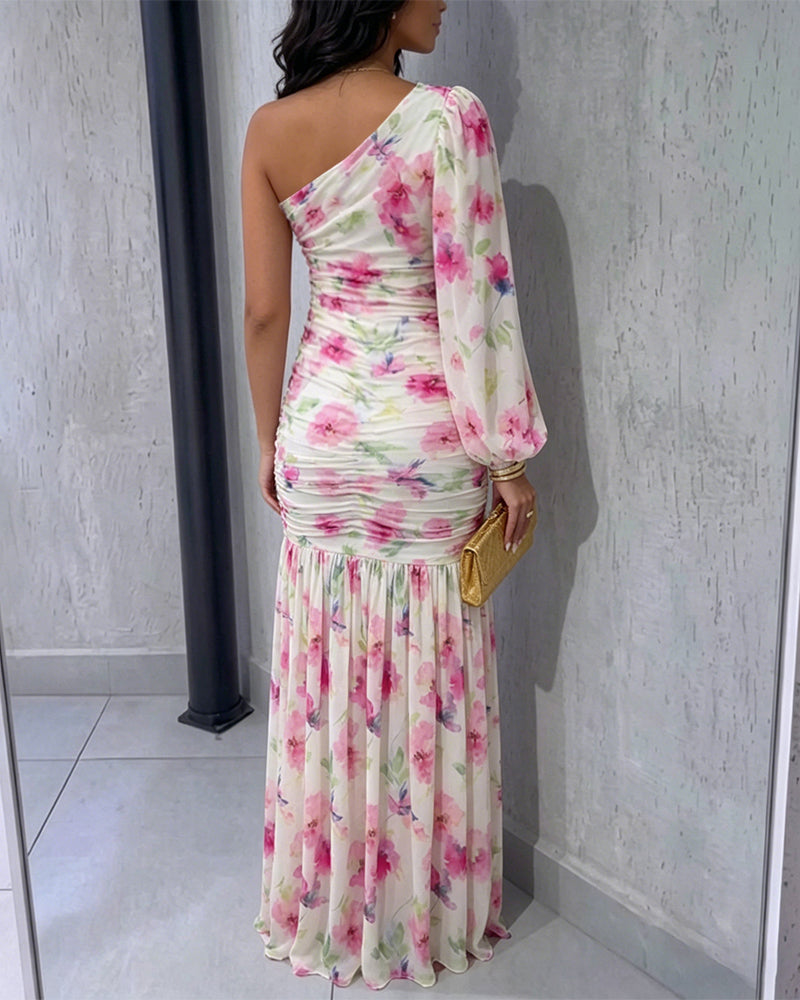Women's Floral One Shoulder Evening Dress Elegant Lantern Sleeve Ruched Maxi Gown Casual Sheer Mesh Mermaid Dress - Image 2