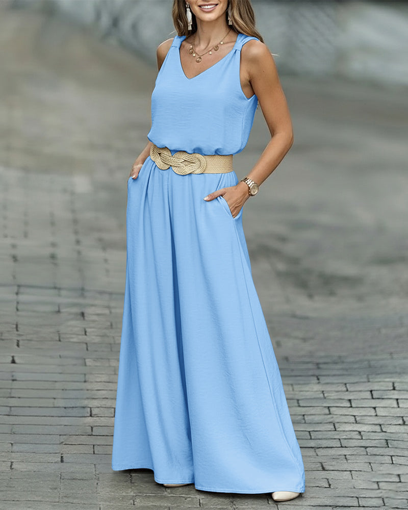 2 Pieces Outfit V-Neck Shoulder Bowknot Design Sleeveless Tank Top and Casual Zipper Fly Elastic Back Waist Wide Leg Pants Set without Belt - Image 5