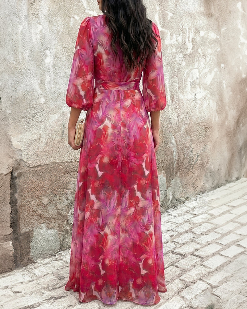 Women's Floral Print Wrap Knot Side Dress V Neck Three Quarters Sleeve Chiffon Maxi Dress High Slit Vacation Dress - Image 2
