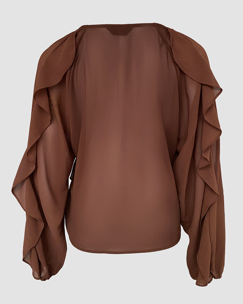 V Neck Shoulder Ruffles Design Blouse Casual Button Front Long Sleeve Top - Image 6