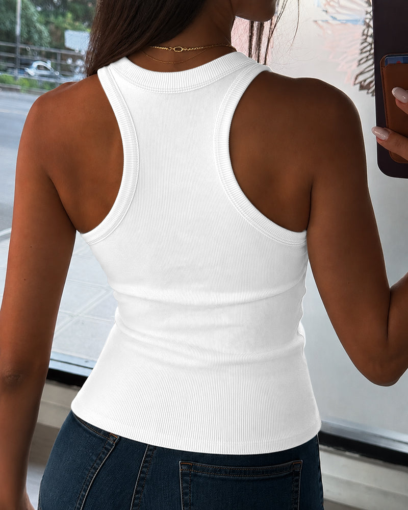 Women's Pearls Rhinestone Knit Racerback Tank Top Ribbed Crewneck Sleeveless Top - Image 5