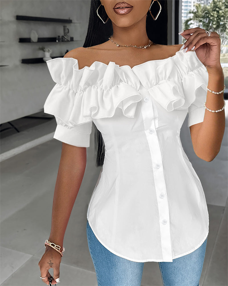 Ruffles Off Shoulder Short Sleeve Button Front Blouse Asymmetrical Hem Top - Image 4