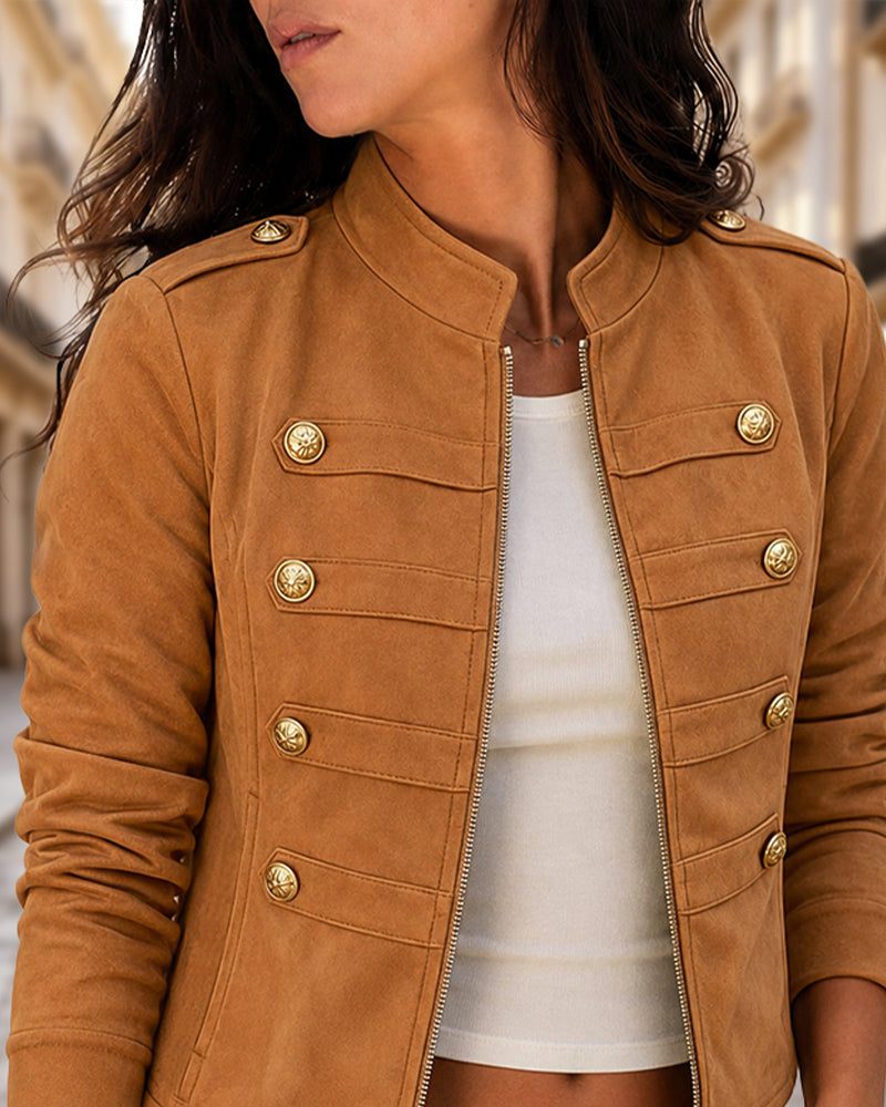 Women's Suede Crop Bomber Jacket Casual Stand Collar Double Breasted Gold Button Coat - Image 3