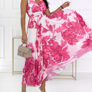 Women's Floral Print Maxi Dress Overlap V Neck Backless Chiffon Sundress Sleeveless High Waist Flowy A-Line Vacation Dress