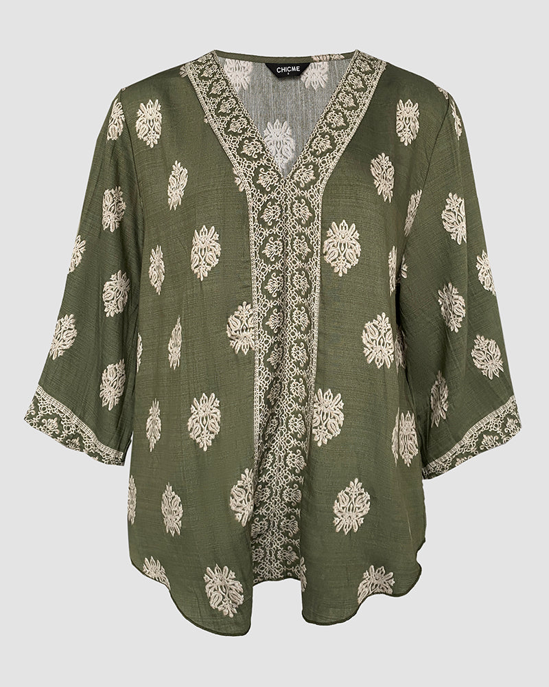 Floral Print V Neck Long Sleeve Blouse Casual Loose Fit Top - Image 6