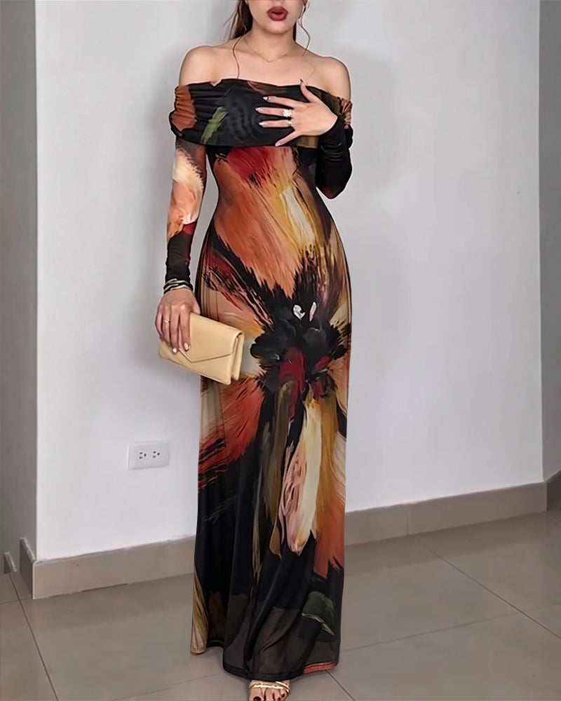 Women's Oil Painting Print Foldover Off-Shoulder Mesh Overlay Maxi Dress Long SleeveRuched Mermaid Long Dress - Image 3