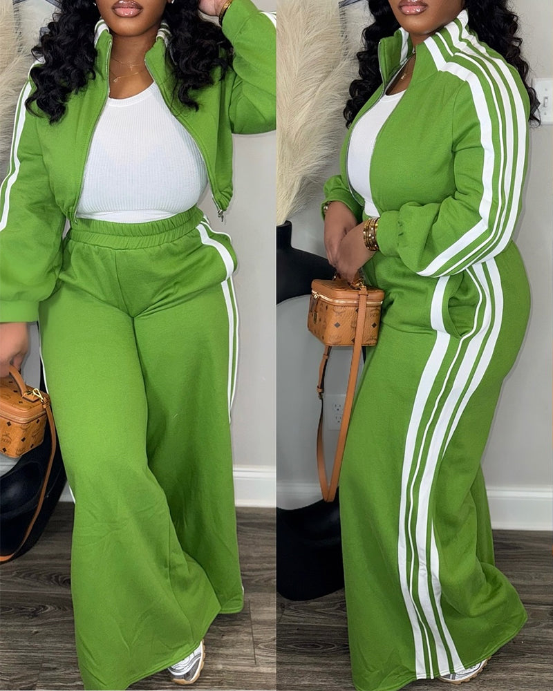 2 Pieces Outfit Stand Collar Zip Up Stretchy Hem Crop Coat and Elastic Waist Wide Leg Pants Set Casual Contrast Side Striped Set - Image 6