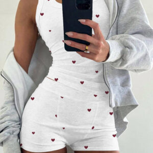 2 Pieces Outfit Heart Print U Neck Sleeveless Tank Top And Casual Strechy Waist Shorts Set Slim Fit Ribbed Pajamas Set