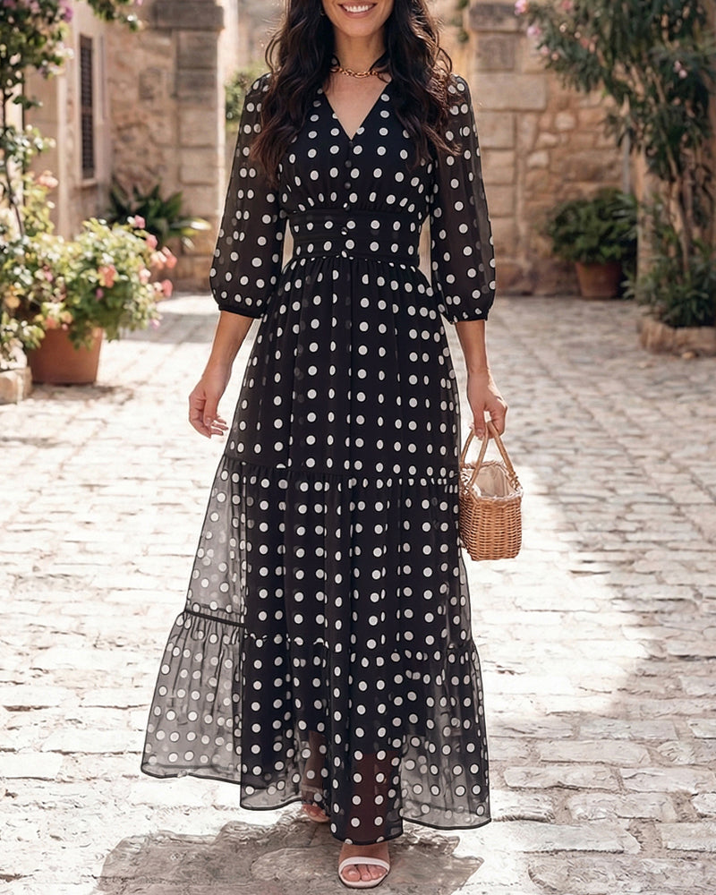 Women's Polka Dot Maxi Dress V Neck Lantern Sleeve Ruffle Hem Dress High Waist Button Up Chiffon Long Party Dress - Image 3