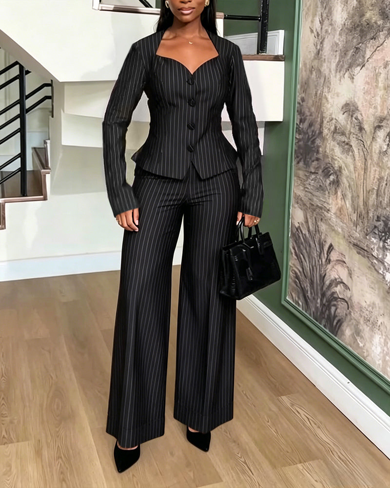 Women's 2 Piece Stripe Suit Elegant Sweetheart Neck Peplum Blazer and High Waisted Wide Leg Pants Business Outfits - Image 3