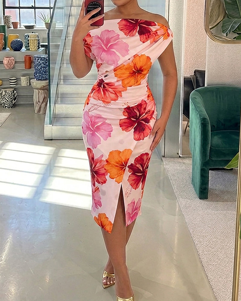 Women's Floral Skew Neck Midi Dress Ruched Slim Fit Dress Wrapped Slit Vacation Dress - Image 3