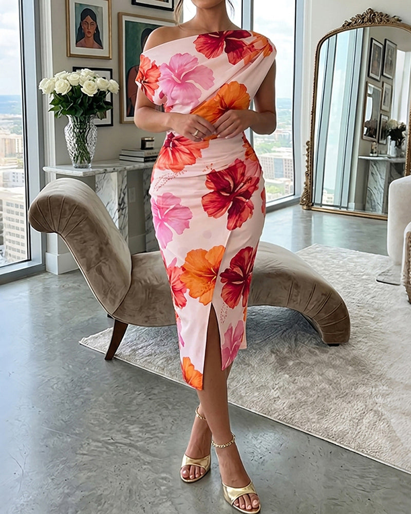 Women's Floral Skew Neck Midi Dress Ruched Slim Fit Dress Wrapped Slit Vacation Dress - Image 4