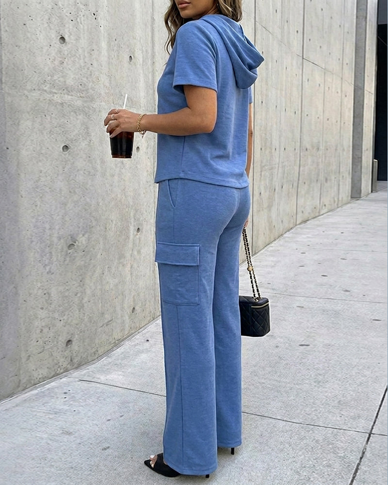 Women's Two Piece Outfits Short Sleeve Hoodie Top and High Waist Cargo Straight Leg Pants Set Casual Lounge Tracksuit - Image 4