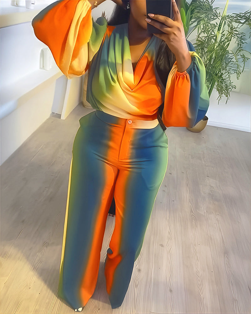 2 Pieces Outfit Cowl Neck Puff Sleeve Loose Fit Top and Zipper Fly Elastic Back Waist Wide Leg Pants Set Casual Tie Dye Print Set - Image 3