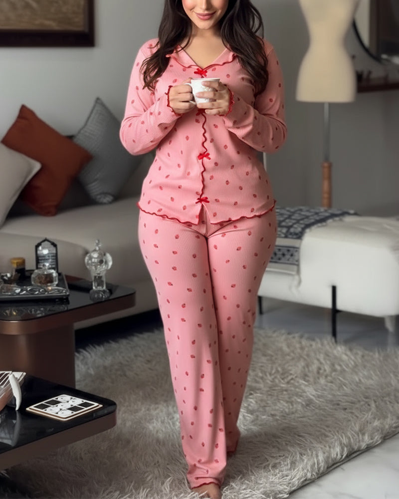 2 Pieces Outfit Bowknot Decor Turn-down Collar V-Neck Top and Elastic Waist Slit Hem Pants Set Casual Strawberry Print Frill Trim Ribbed Pajamas Set - Image 11