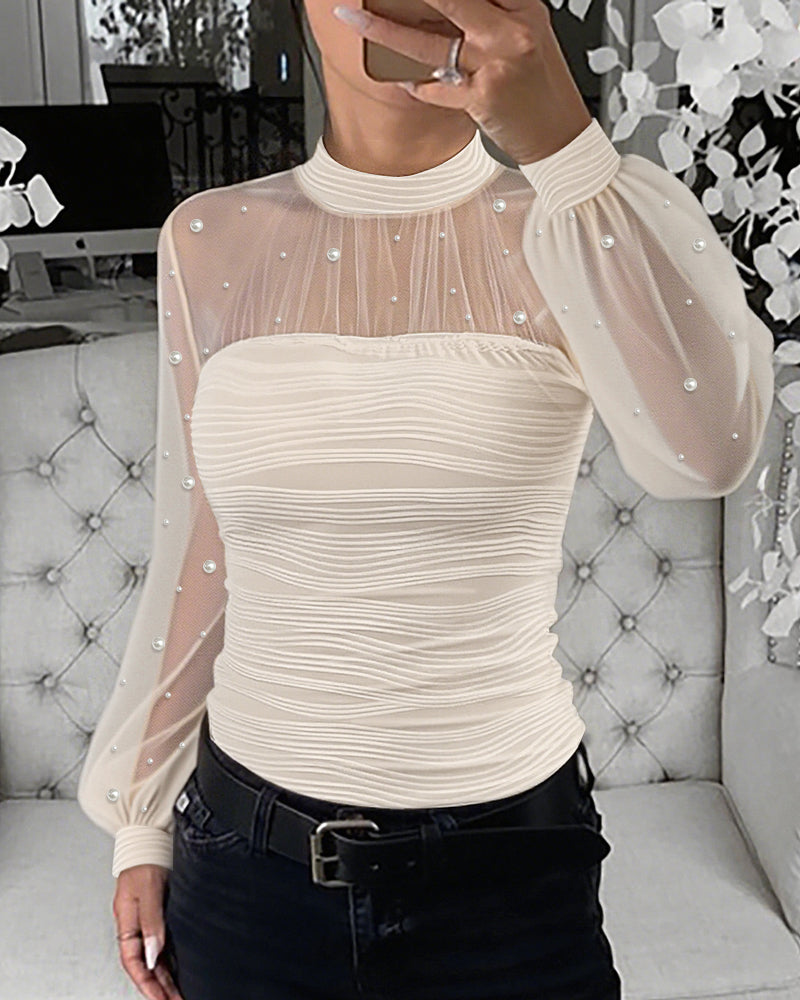 Pearls Decor Mock Neck Sheer Mesh Spliced Ruched Tee Hollow-out Back Slim Fit Textured Top - Image 15