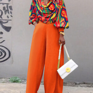 2 Pieces Outfit Multi-color All Over Print Cowl Neck Lantern Sleeve Stretchy Hem Loose Crop Top and Casual Elastic Back Waist Wide Leg Pants Set