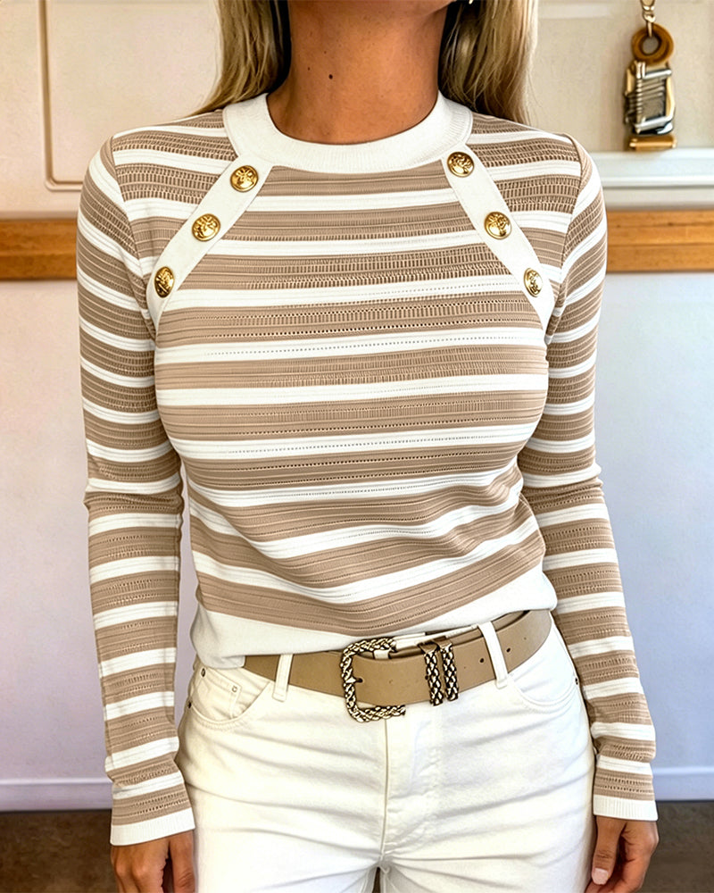 Women's Striped Knit Top Gold Button Long Sleeve Pullover Crewneck Slim Fit Knitwear Contrast Binding Sweater - Image 4