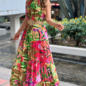 Tropical Print Halter Ruched Sleeveless Maxi Dress Casual A Line Flowy Smock Dress