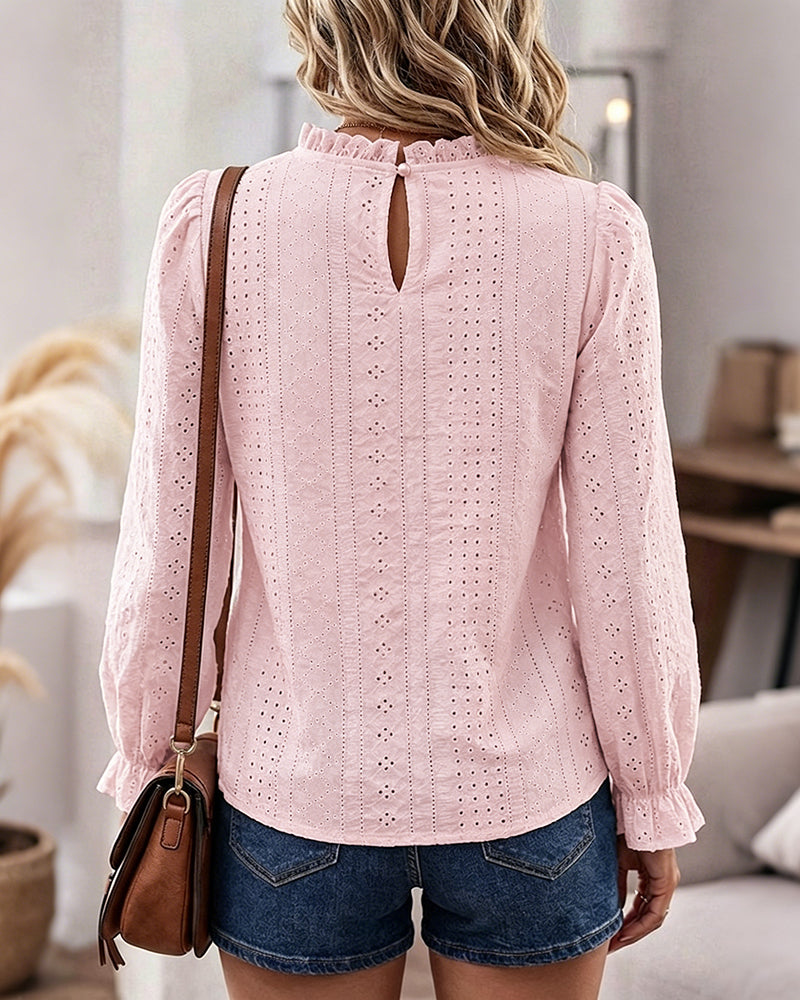 Women's French Style Eyelet Embroidery Blouse Elegant Frill Hem Stand Collar Puff Sleeve Top Lace Patchwork Shirt - Image 5