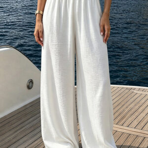 Women's High Waisted Wide Leg Pants Flowy Crinkle Casual Drawstring Lounge Trousers