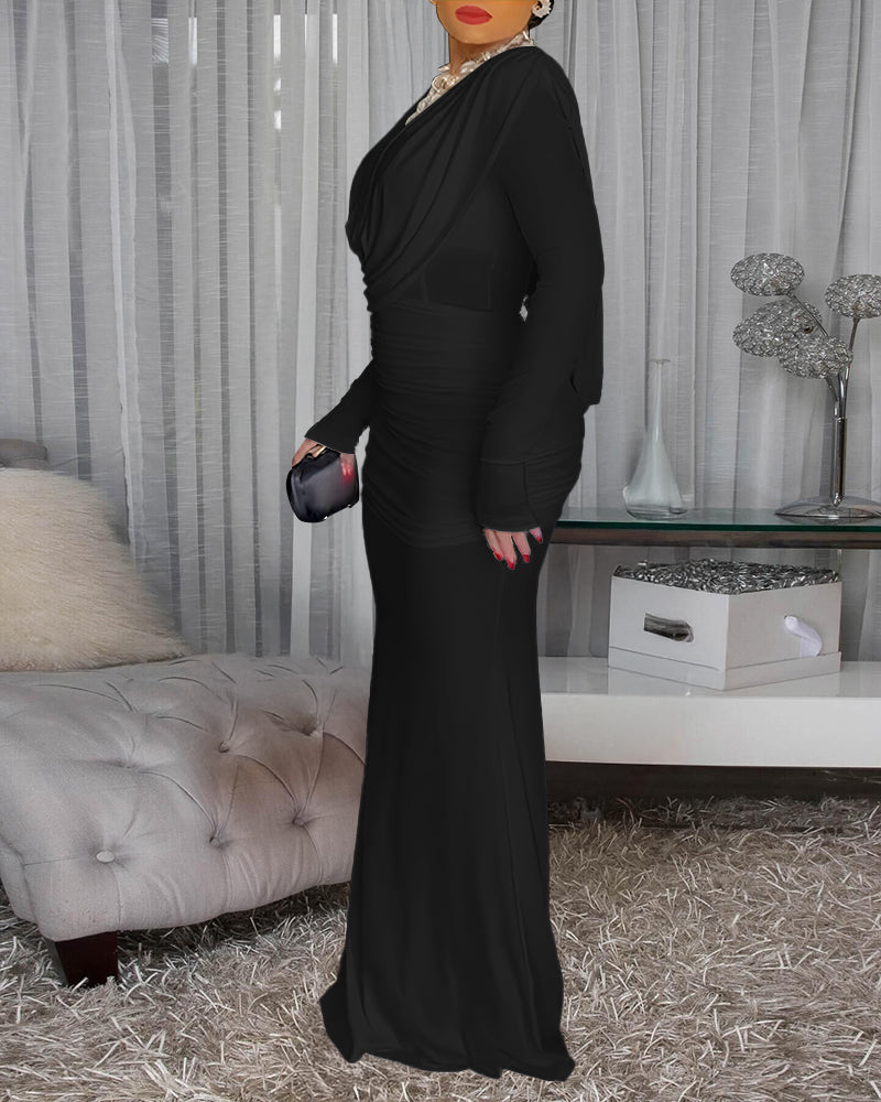 Cowl Neck Ruched Zipper Back Slim Fit Maxi Dress Casual Padded Shoulders Backless Evening Dress - Image 15