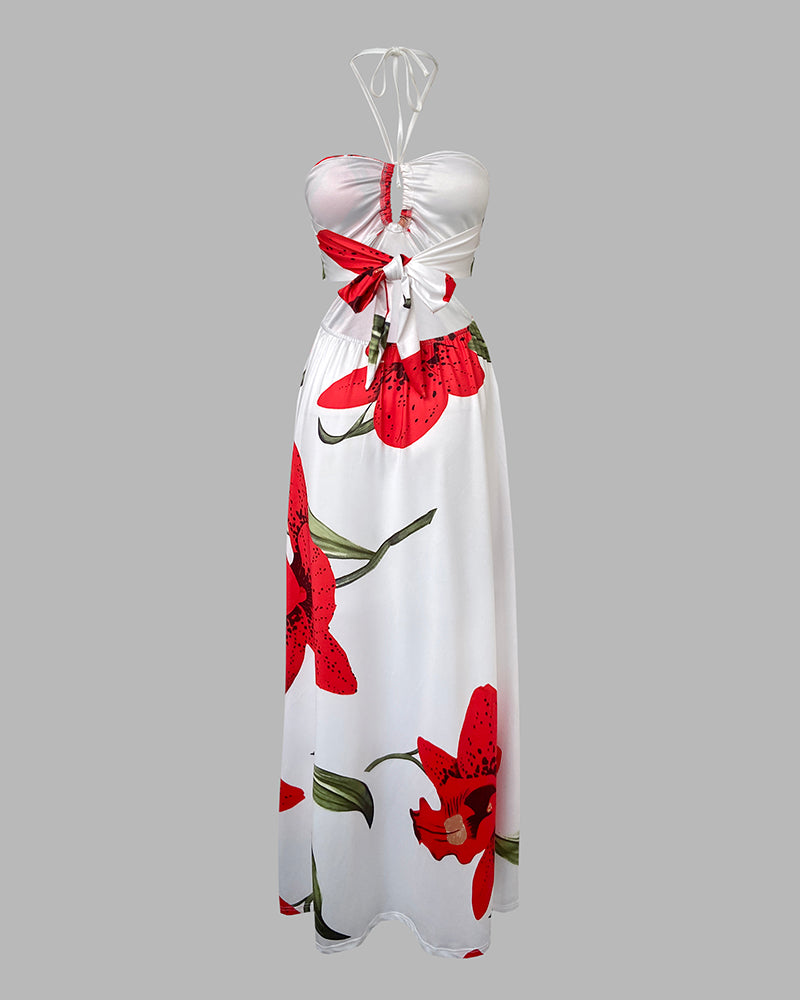 Floral Print Halter Sleeveless Hollow-out Front Cami Dress Casual Cutout Waist Maxi Dress - Image 6